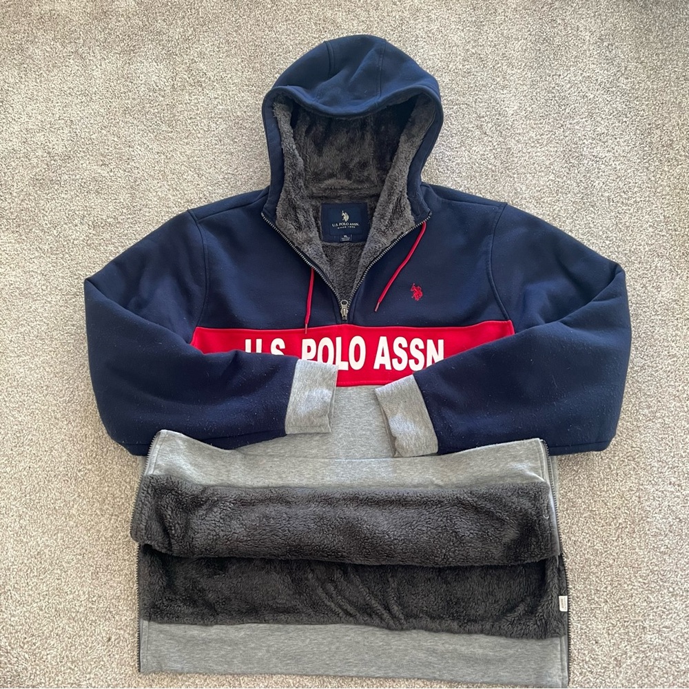 U.S. Polo Assn. Navy and Gray 1/4 Zip Fleece Lined Hoodie - Picture 2 of 8